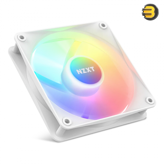 NZXT F120 RGB Core 120mm White case fan with hub-mounted addressable RGB LEDs, fluid dynamic bearing, and 4-pin PWM control for optimal airflow