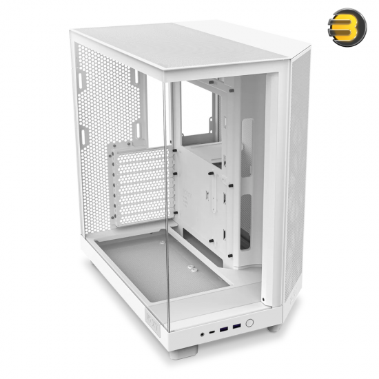 NZXT H6 Flow RGB White compact dual-chamber mid-tower PC case with ultra-clear tempered glass, angled front-right F120 RGB Core fans, and 91mm cable management clearance