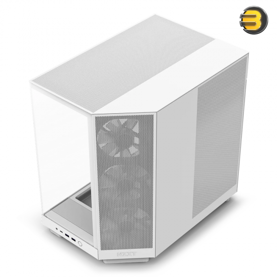 NZXT H6 Flow RGB White compact dual-chamber mid-tower PC case with ultra-clear tempered glass, angled front-right F120 RGB Core fans, and 91mm cable management clearance