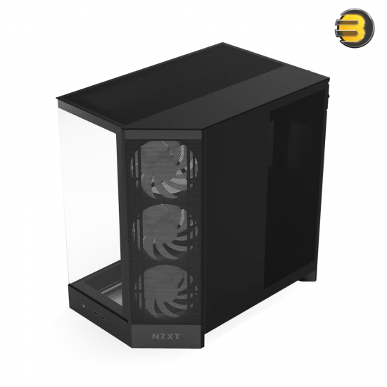 NZXT H9 Flow RGB Black large dual-chamber mid-tower PC case with dark tinted tempered glass, F420 RGB Core front fan, and back-connect ATX motherboard support