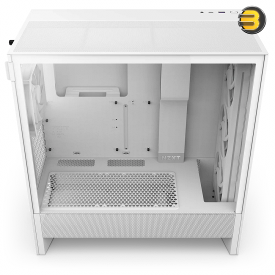 NZXT H5 Flow RGB White compact mid-tower PC case with ultra-clear tempered glass, included F360 RGB Core front fan, and high-performance mesh filters