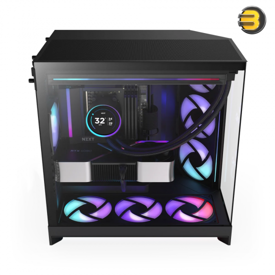 NZXT H9 Flow RGB Black large dual-chamber mid-tower PC case with dark tinted tempered glass, F420 RGB Core front fan, and back-connect ATX motherboard support