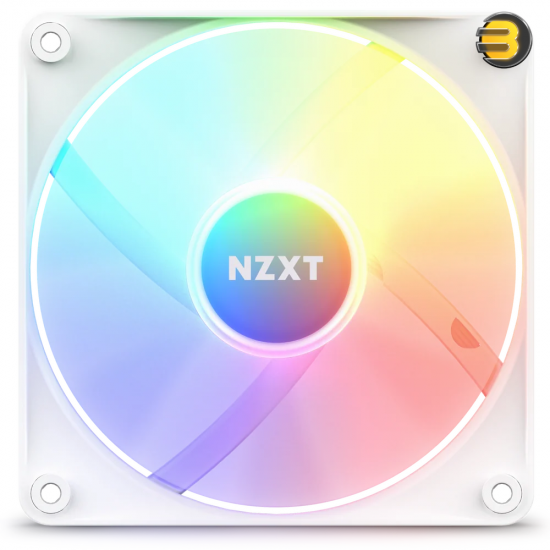 NZXT F120 RGB Core 120mm White case fan with hub-mounted addressable RGB LEDs, fluid dynamic bearing, and 4-pin PWM control for optimal airflow