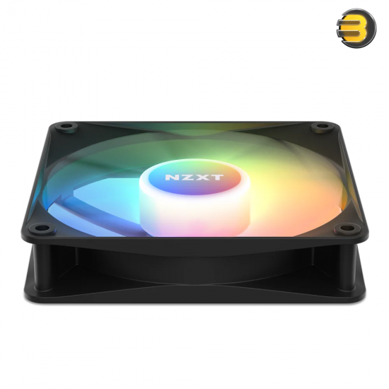NZXT F120 RGB Core 120mm black case fan with hub-mounted addressable RGB LEDs, fluid dynamic bearing, and 4-pin PWM control for optimal airflow