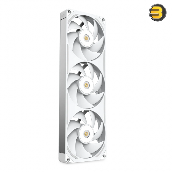 NZXT F360X 360mm performance RGB single-frame fan in white with brushed aluminum accents, 30mm thick profile, and LCP blades for high static pressure