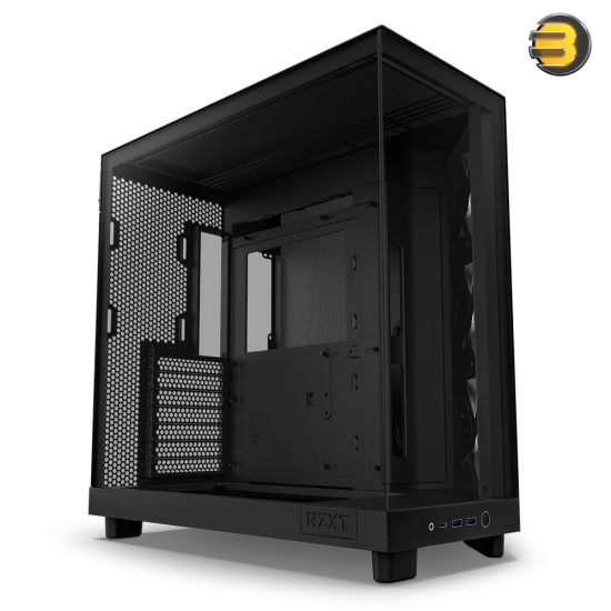 NZXT H6 Flow RGB Black compact dual-chamber mid-tower PC case with ultra-clear tempered glass, angled front-right F120 RGB Core fans, and 91mm cable management clearance