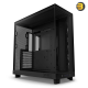 NZXT H6 Flow RGB Black compact dual-chamber mid-tower PC case with ultra-clear tempered glass, angled front-right F120 RGB Core fans, and 91mm cable management clearance