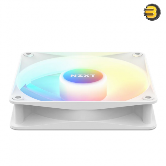 NZXT F120 RGB Core 120mm White case fan with hub-mounted addressable RGB LEDs, fluid dynamic bearing, and 4-pin PWM control for optimal airflow