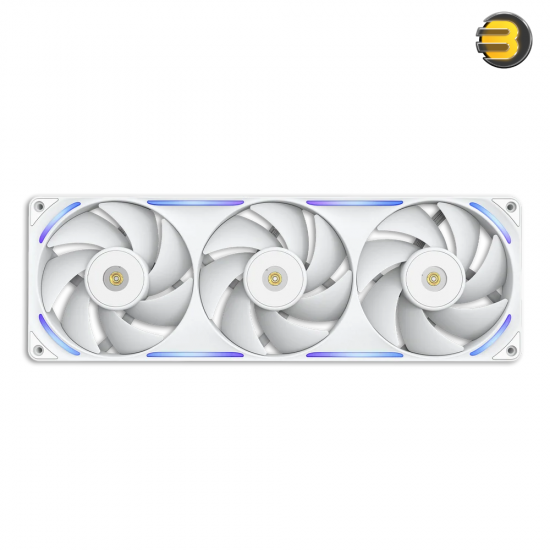 NZXT F360X 360mm performance RGB single-frame fan in white with brushed aluminum accents, 30mm thick profile, and LCP blades for high static pressure