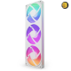 NZXT F360 RGB Core 360mm single-frame RGB case fan unit in matte White with hub-mounted addressable LEDs, fluid dynamic bearing, and single-cable PWM setup