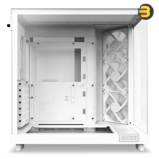 NZXT H6 Flow RGB White compact dual-chamber mid-tower PC case with ultra-clear tempered glass, angled front-right F120 RGB Core fans, and 91mm cable management clearance