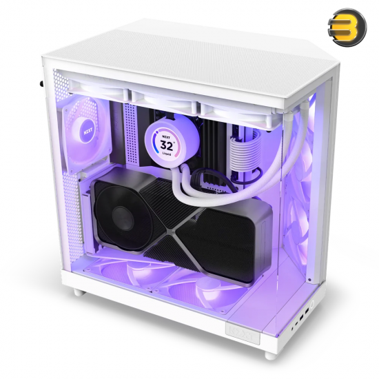 NZXT H6 Flow RGB White compact dual-chamber mid-tower PC case with ultra-clear tempered glass, angled front-right F120 RGB Core fans, and 91mm cable management clearance