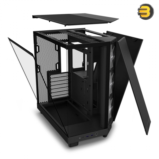 NZXT H6 Flow RGB Black compact dual-chamber mid-tower PC case with ultra-clear tempered glass, angled front-right F120 RGB Core fans, and 91mm cable management clearance