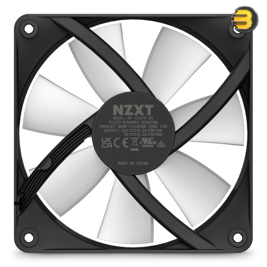 NZXT F120 RGB Core 120mm black case fan with hub-mounted addressable RGB LEDs, fluid dynamic bearing, and 4-pin PWM control for optimal airflow