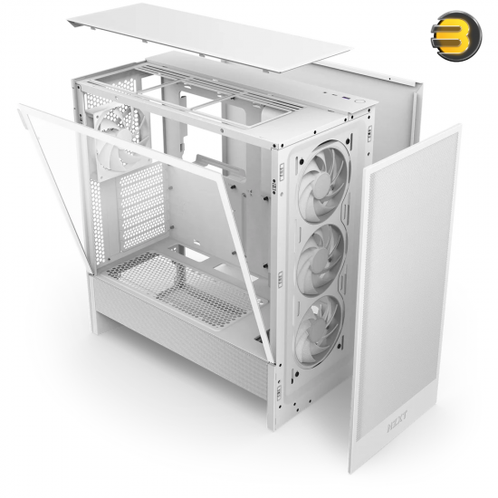 NZXT H5 Flow RGB White compact mid-tower PC case with ultra-clear tempered glass, included F360 RGB Core front fan, and high-performance mesh filters
