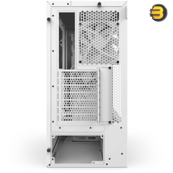 NZXT H5 Flow RGB White compact mid-tower PC case with ultra-clear tempered glass, included F360 RGB Core front fan, and high-performance mesh filters