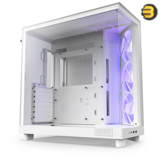 NZXT H6 Flow RGB White compact dual-chamber mid-tower PC case with ultra-clear tempered glass, angled front-right F120 RGB Core fans, and 91mm cable management clearance