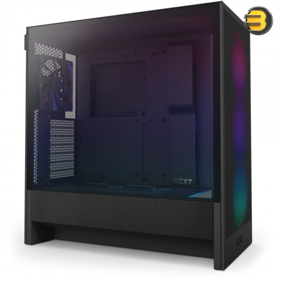 NZXT H5 Flow RGB Black compact mid-tower PC case with ultra-clear tempered glass, included F360 RGB Core front fan, and high-performance mesh filters