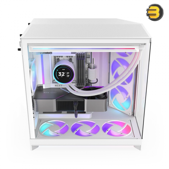 NZXT H9 Flow RGB White Large Dual-Chamber Mid-Tower PC Case NZXT H9 Flow RGB White large dual-chamber mid-tower PC case with dark tinted tempered glass, F420 RGB Core front fan, and back-connect ATX motherboard support