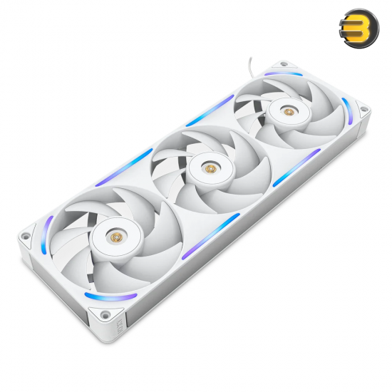 NZXT F360X 360mm performance RGB single-frame fan in white with brushed aluminum accents, 30mm thick profile, and LCP blades for high static pressure