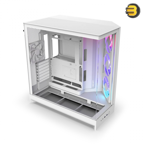 NZXT H9 Flow RGB White Large Dual-Chamber Mid-Tower PC Case NZXT H9 Flow RGB White large dual-chamber mid-tower PC case with dark tinted tempered glass, F420 RGB Core front fan, and back-connect ATX motherboard support