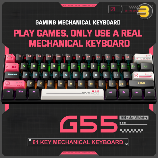 ONIKUMA G55 Mechanical Gaming Keyboard, 61 Keys — Compact 60% Layout, RGB Wired LED Backlit, ABS Injection Keycaps, 17 Lighting Effects, 5 Game Modes, Type-C Cable, Ergonomic Adjustable Stand, 20 Million Keystroke Life, Plug-and-Play, Compatible with PC/L