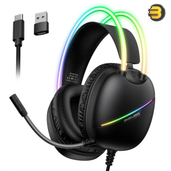 ONIKUMA X33 Head-mounted RGB Light E-Sports Gaming Headset (Black) — 50mm Drivers, USB Type-C Connection, Surround Sound, Noise Reduction Omnidirectional Mic, In-line Volume & Mic Control, Soft Earpads, 2.2m Cable, Compatible PC, Mac, PS4, Xbox, Mobil