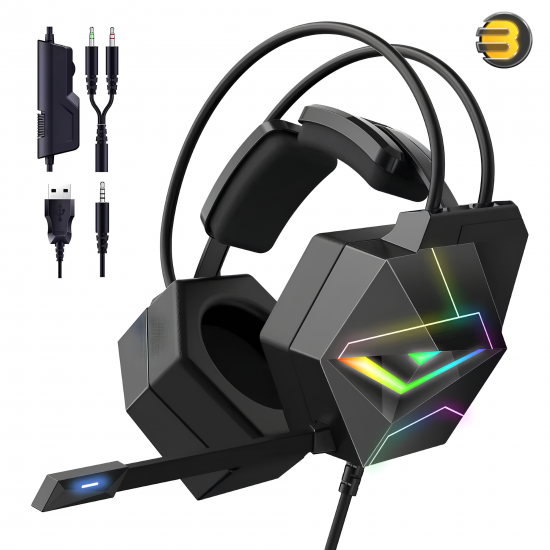 ONIKUMA X20 RGB Gaming Headset, 7.1 Surround Sound — Noise-Canceling Microphone, 50mm Drivers, Dynamic RGB Lighting on Earcups, Comfortable Over-Ear Design, USB + 3.5mm Connectivity, Compatible with PC, PS4, Xbox, Mobile, In-Line Volume and Mic Control