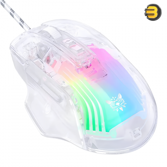 ONIKUMA CW923 Transparent Wired Gaming Mouse RGB White — Optical Sensor A825, Up to 12800 DPI (6 Levels), 7 Programmable Buttons, 1000 Hz Polling Rate, Ergonomic Design, Fast Response, Full-Body Transparent Shell with RGB Lighting, Comfortable Grip