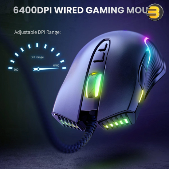 ONIKUMA CW905 RGB Wired Gaming Mouse Black — 6400 DPI Optical Sensor, 7 Programmable Buttons, USB Connectivity, Ergonomic Design, 1.5m Cable, RGB Backlit