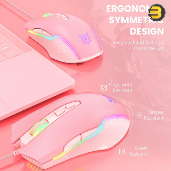 ONIKUMA CW905 RGB Wired Gaming Mouse Pink — 6400 DPI Optical Sensor, 7 Programmable Buttons, USB Connectivity, Ergonomic Design, 1.5m Cable, RGB Backlit