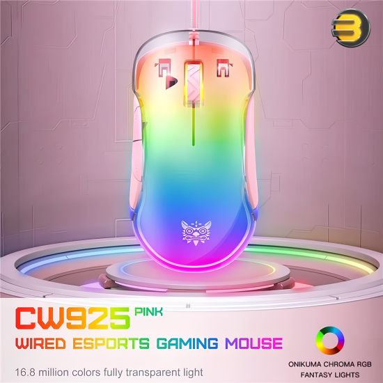 ONIKUMA CW925 RGB Backlit Wired Gaming Mouse Pink — Lightweight Ergonomic Design, Optical Sensor A825, Customizable DPI up to 12800, Durable 20 Million Click Lifespan, 7 Programmable Buttons, Fast Response, Full RGB Lighting, Comfortable Grip ONIKUMA CW925 RGB Backlit Wired Gaming Mouse Pink — Lightweight Ergonomic Design, Optical Sensor A825, Customizable DPI up to 12800, Durable 20 Million Click Lifespan, 7 Programmable Buttons, Fast Response, Full RGB Lighting, Comfortable Grip
