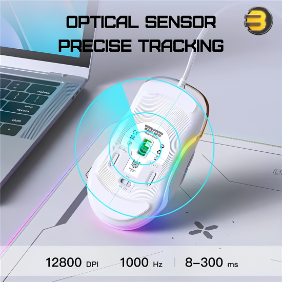 ONIKUMA CW925 RGB Backlit Wired Gaming Mouse White — Lightweight Ergonomic Design, Optical Sensor A825, Customizable DPI up to 12800, Durable 20 Million Click Lifespan, 7 Programmable Buttons, Fast Response, Full RGB Lighting, Comfortable Grip