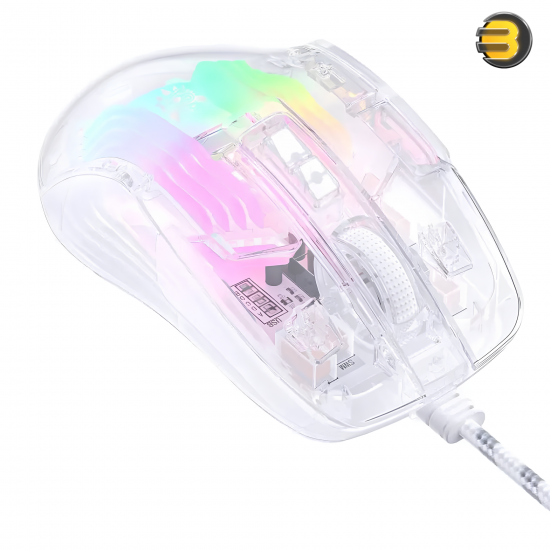 ONIKUMA CW923 Transparent Wired Gaming Mouse RGB White — Optical Sensor A825, Up to 12800 DPI (6 Levels), 7 Programmable Buttons, 1000 Hz Polling Rate, Ergonomic Design, Fast Response, Full-Body Transparent Shell with RGB Lighting, Comfortable Grip