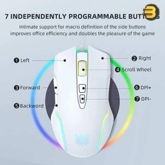 ONIKUMA CW905 RGB Wired Gaming Mouse White — 6400 DPI Optical Sensor, 7 Programmable Buttons, USB Connectivity, Ergonomic Design, 1.5m Cable, RGB Backlit