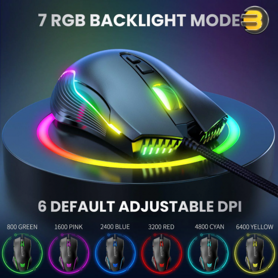 ONIKUMA CW905 RGB Wired Gaming Mouse Black — 6400 DPI Optical Sensor, 7 Programmable Buttons, USB Connectivity, Ergonomic Design, 1.5m Cable, RGB Backlit