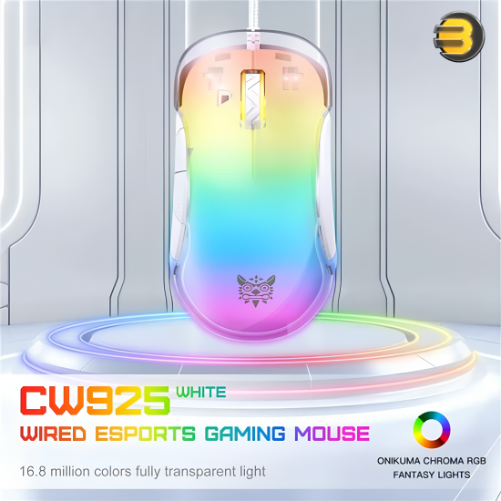 ONIKUMA CW925 RGB Backlit Wired Gaming Mouse White — Lightweight Ergonomic Design, Optical Sensor A825, Customizable DPI up to 12800, Durable 20 Million Click Lifespan, 7 Programmable Buttons, Fast Response, Full RGB Lighting, Comfortable Grip