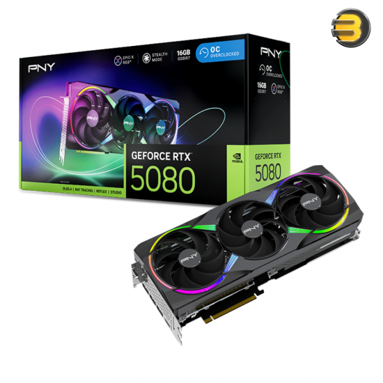 PNY GeForce RTX 5080 ARGB EPIC‑X RGB Overclocked Triple Fan 16GB GDDR7 Graphics Card PNY GeForce RTX 5080 ARGB EPIC‑X RGB Overclocked Triple Fan 16GB GDDR7 Graphics Card