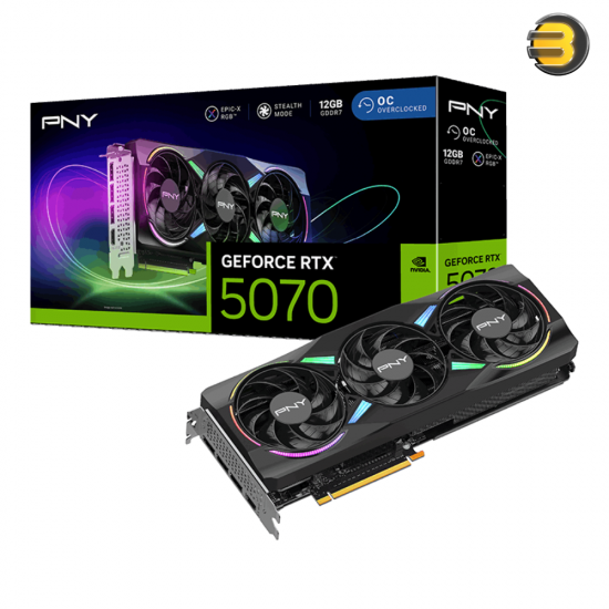 PNY GeForce RTX 5070 ARGB EPIC-X RGB Overclocked Triple Fan GPU — 12GB GDDR7, 192-bit, PCIe 5.0 x16, Boost 2685 MHz, TDP 250W, RGB Lighting, 3x DisplayPort 2.1, 1x HDMI 2.1