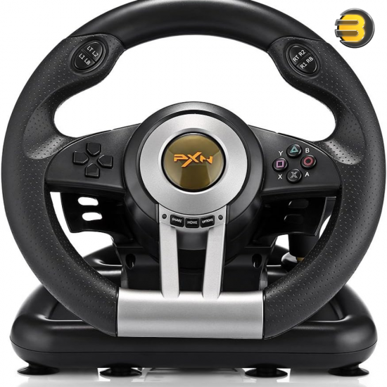 PXN V3 Pro Racing Wheel Black — Wired 6-in-1 Game Controller for PC, PS3, PS4, Xbox One, Nintendo Switch; 180° Rotation, Dual Vibration, Manual Shifting, 8 Programmable Buttons, Linear Pedals, Strong Suction Cups, Ergonomic Design