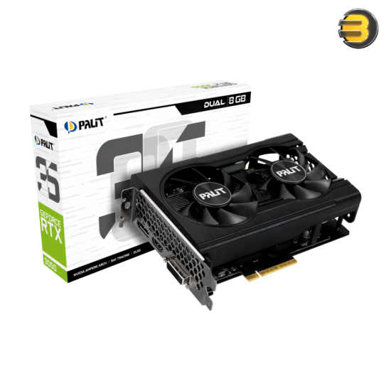 Palit GeForce RTX 3050 Dual 8GB GDDR6 Graphics Card - NVIDIA Ampere Architecture, 1777MHz Boost Clock, RGB Lighting, PCIe 4.0 Palit GeForce RTX 3050 Dual 8GB GDDR6 Graphics Card - NVIDIA Ampere Architecture, 1777MHz Boost Clock, RGB Lighting, PCIe 4.0