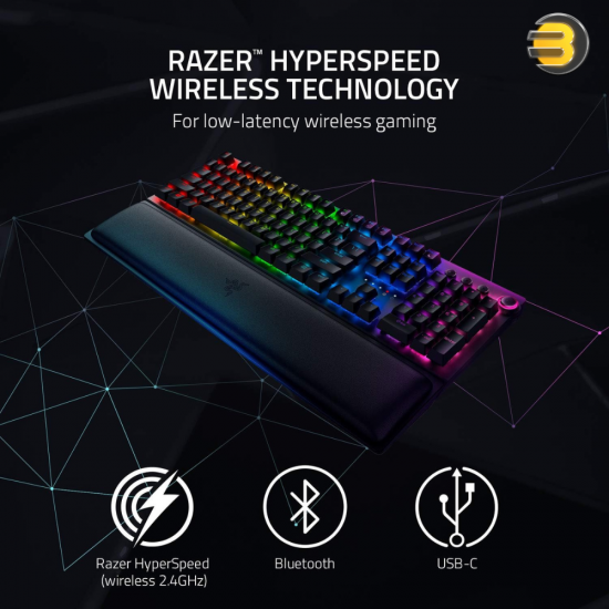 Razer BlackWidow V3 Pro Mechanical Wireless Gaming Keyboard — Green Mechanical Switches, Tactile & Clicky, Chroma RGB Lighting,  Doubleshot ABS Keycaps,  Transparent Switch Housing,  Bluetooth/2.4GHz - RZ03-03530200-R3U1