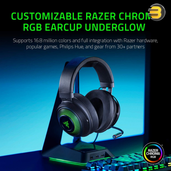 Razer Kraken Ultimate RGB USB Gaming Headset — THX 7.1 Spatial Surround Sound - Chroma RGB Lighting - Retractable Active Noise Cancelling Mic - Aluminum & Steel Frame - for PC - Classic Black