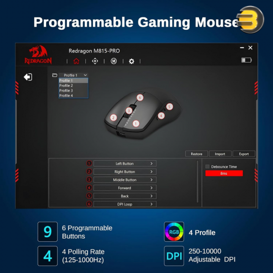 Redragon M815 PRO 3-mode wireless gaming mouse with ultra-light design and programmable buttons
