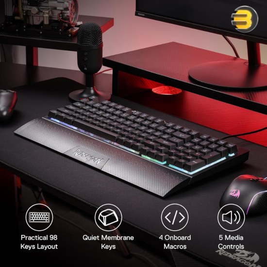 Redragon SHIVA K515 RGB Membrane Gaming Keyboard – 98-Key Mechanical-Feel, On-Board Macro Keys, Detachable Wrist Rest, Full RGB Lighting