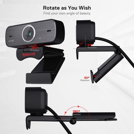 Redragon GW800 1080P Webcam with Built-in Dual Microphone 360-Degree Rotation - 2.0 USB Skype Computer Web Camera