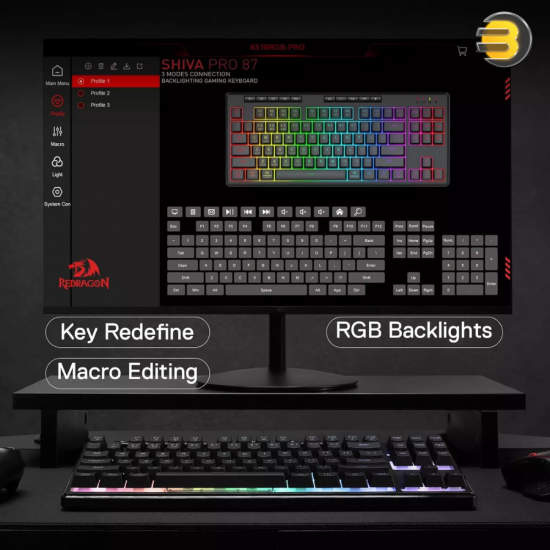 Redragon K516 PRO Shiva RGB Wireless Bluetooth Membrane Gaming Keyboard – 87-Key TKL, Tri-Mode USB-C/2.4 GHz/Bluetooth, On-Board Macros & Multimedia Keys, Software Supported