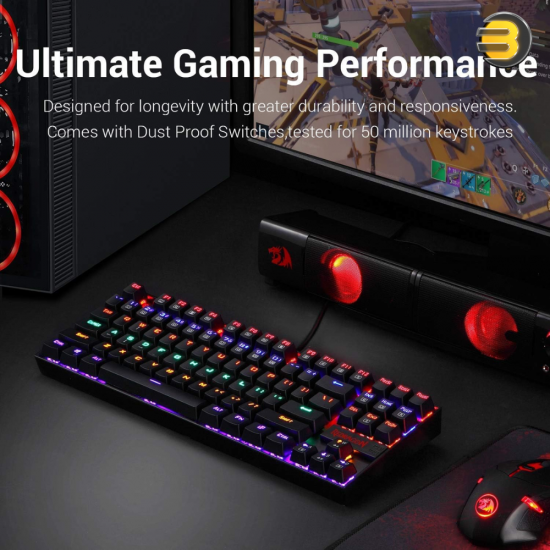 Redragon K552E Kumara Elite Rainbow TKL Mechanical Gaming Keyboard Arabic Redragon K552E Kumara Elite Rainbow mechanical gaming keyboard with blue switches, TKL 87-key Arabic layout, rainbow RGB backlighting and aluminum top plate