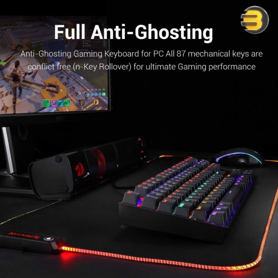 Redragon K552E Kumara Elite Rainbow TKL Mechanical Gaming Keyboard Arabic Redragon K552E Kumara Elite Rainbow mechanical gaming keyboard with blue switches, TKL 87-key Arabic layout, rainbow RGB backlighting and aluminum top plate