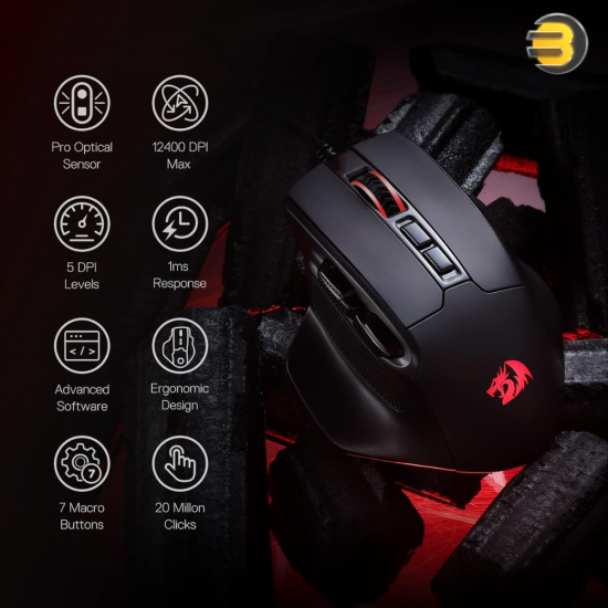 Redragon M806 Bullseye wired RGB gaming mouse with ergonomic natural grip and 7 programmable buttons